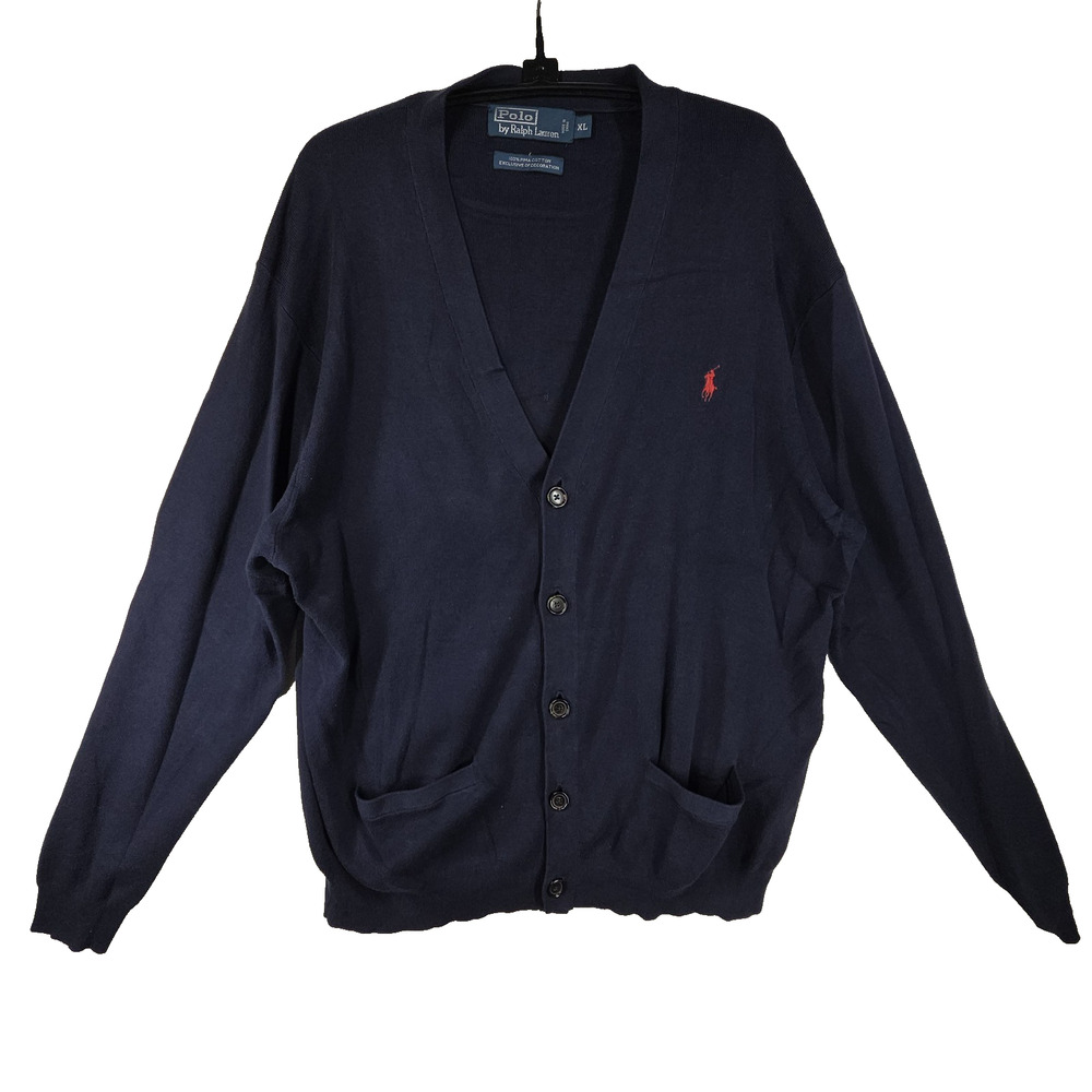 Polo Ralph Lauren Sweater Mens XL Blue Pima Cotton V Neck Cardigan Knit Button